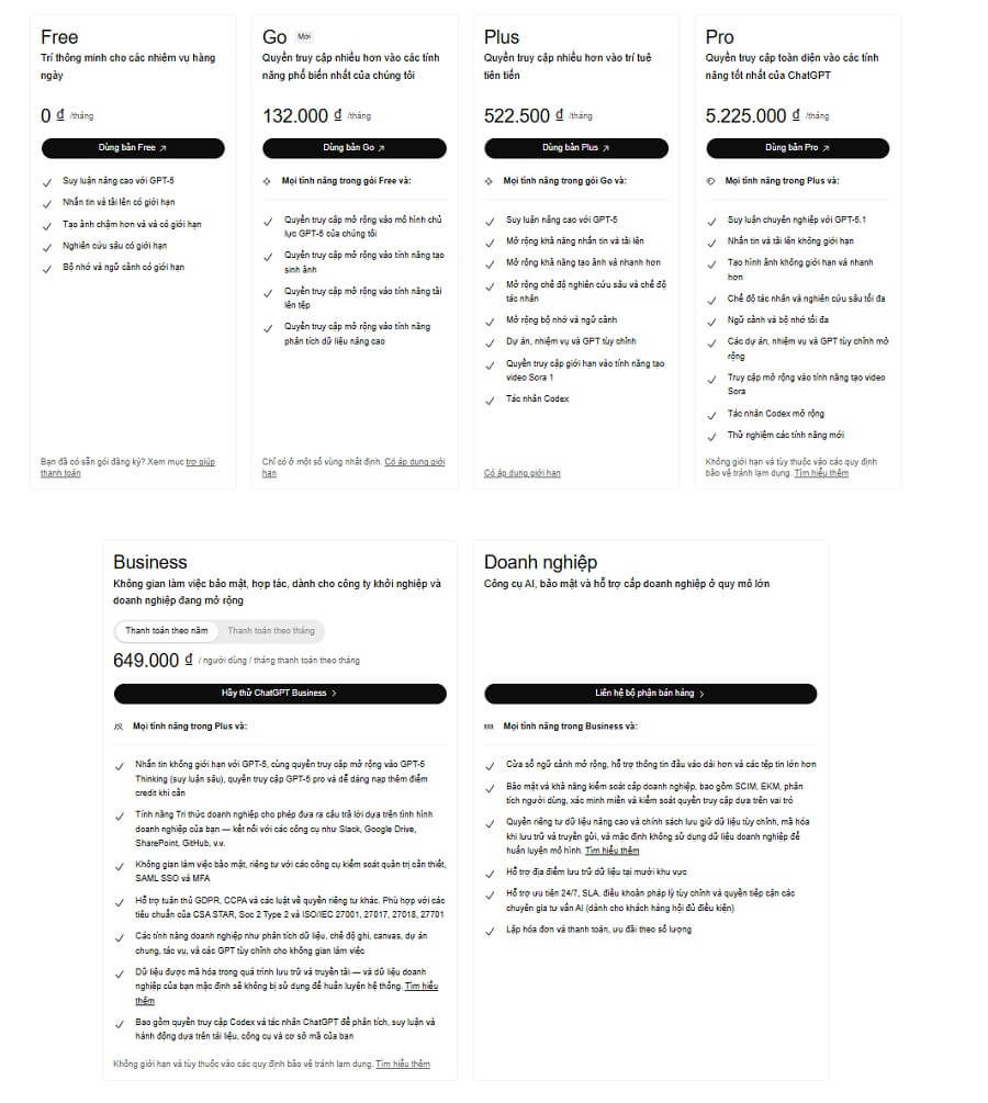 Bảng giá chatgpt tại Việt Nam
