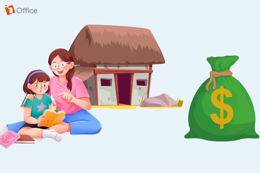 Bức ảnh có 1 ngôi nhà cũ, 1 bao tải tiền và hai mẹ con