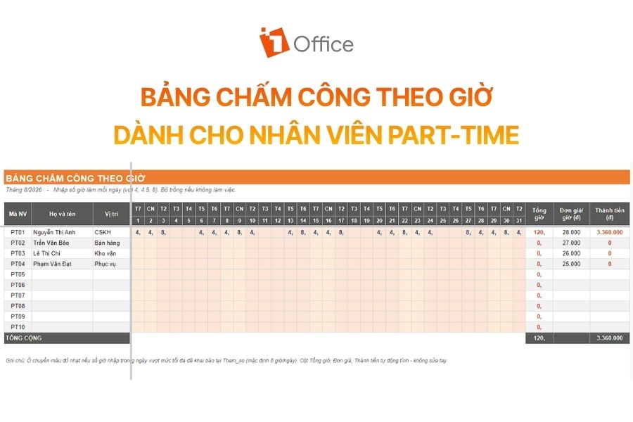 Mẫu bảng chấm công theo giờ dành cho nhân viên part-time giúp theo dõi số giờ làm việc thực tế mỗi ngày và tự động nhân đơn giá theo giờ.