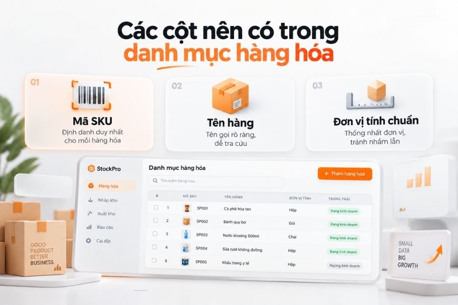 Infographic các cột thông tin quan trọng cần có trong bảng danh mục hàng hóa từ 1Office.