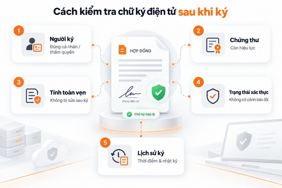 Infographic sơ đồ 5 tiêu chí kiểm tra và xác minh chữ ký điện tử sau khi ký từ 1Office.