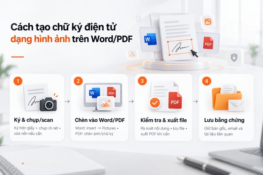 Infographic hướng dẫn 4 bước tạo chữ ký điện tử dạng hình ảnh trên Word và PDF từ 1Office.