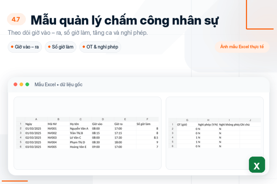 Mẫu quản lý chấm công nhân sự
