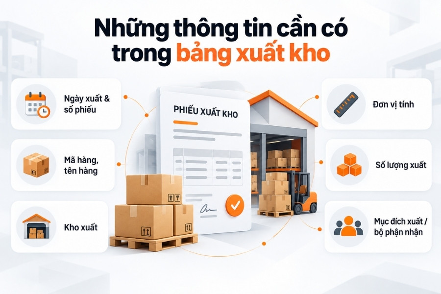 Infographic sơ đồ 6 nhóm thông tin cần có trong bảng xuất kho hàng hóa