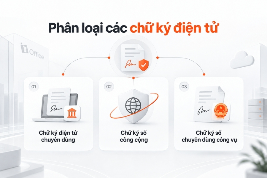 Infographic sơ đồ phân loại 3 dạng chữ ký điện tử phổ biến trong quản trị và giao dịch doanh nghiệp