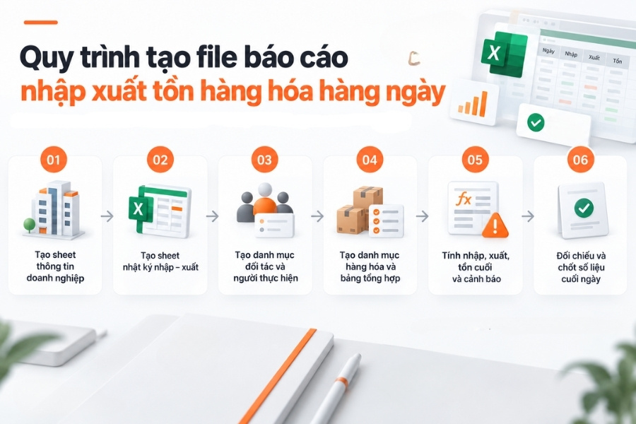 Infographic sơ đồ 6 bước quy trình tạo file báo cáo nhập xuất tồn hàng hóa hàng ngày trên Excel