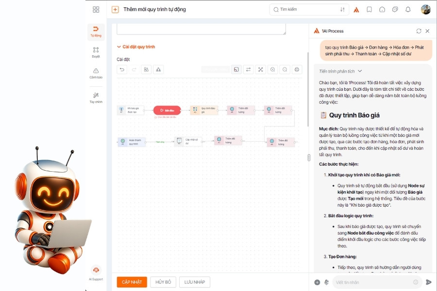 Giao diện tạo quy trình quản lý công nợ tự động trên phần mềm 1Office bằng trợ lý 1AI Process.