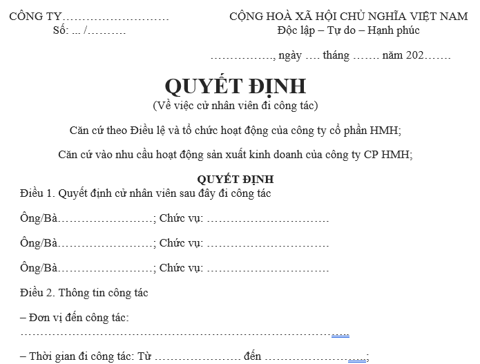 Mẫu quyết định cử đi công tác