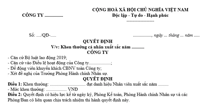 Mẫu quyết định khen thưởng là gì?