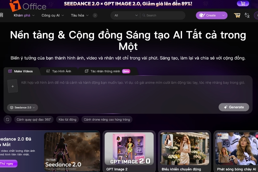 Giao diện trang chủ của SeaArt AI