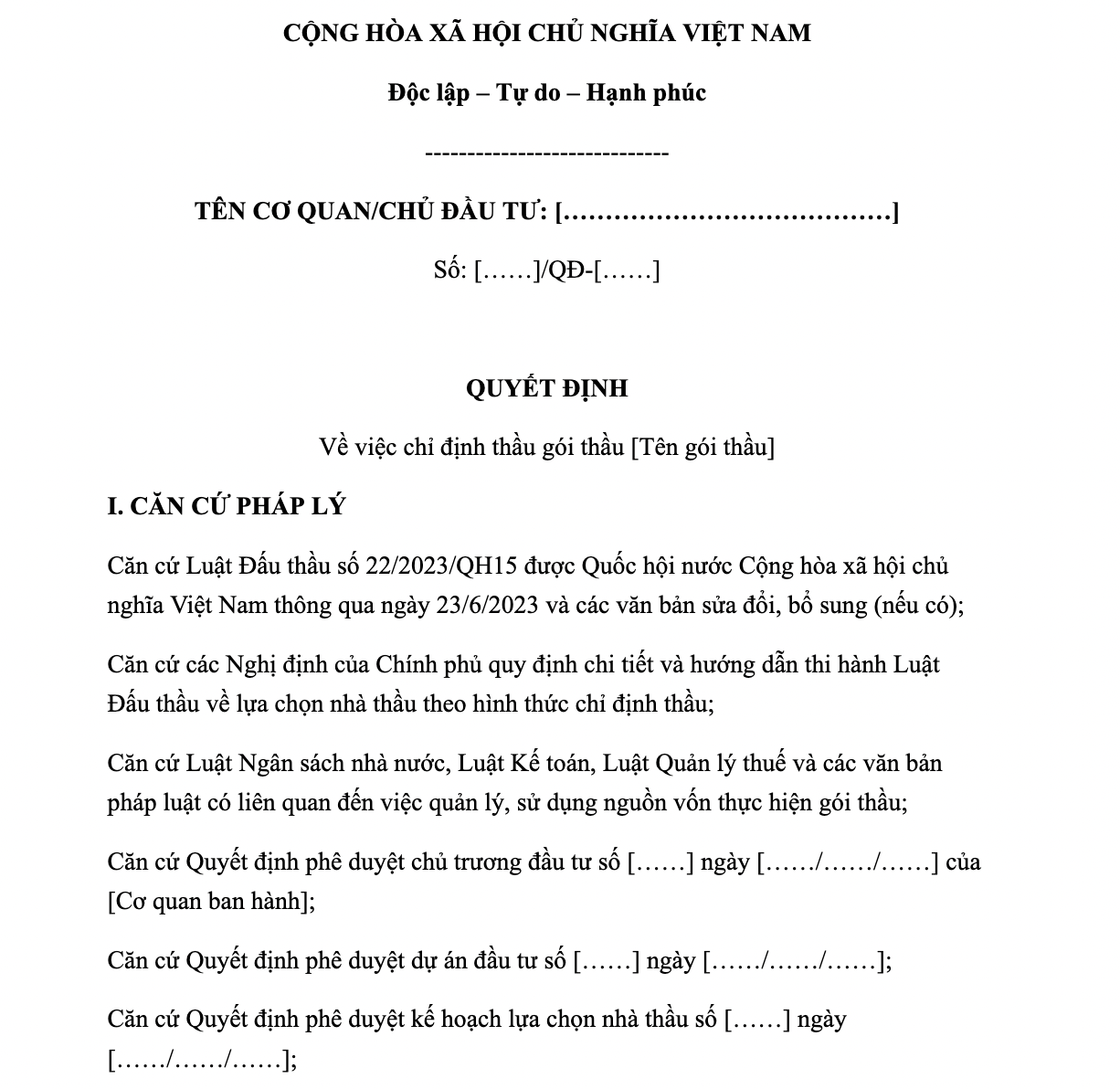 Mẫu Quyết định chỉ định thầu chung