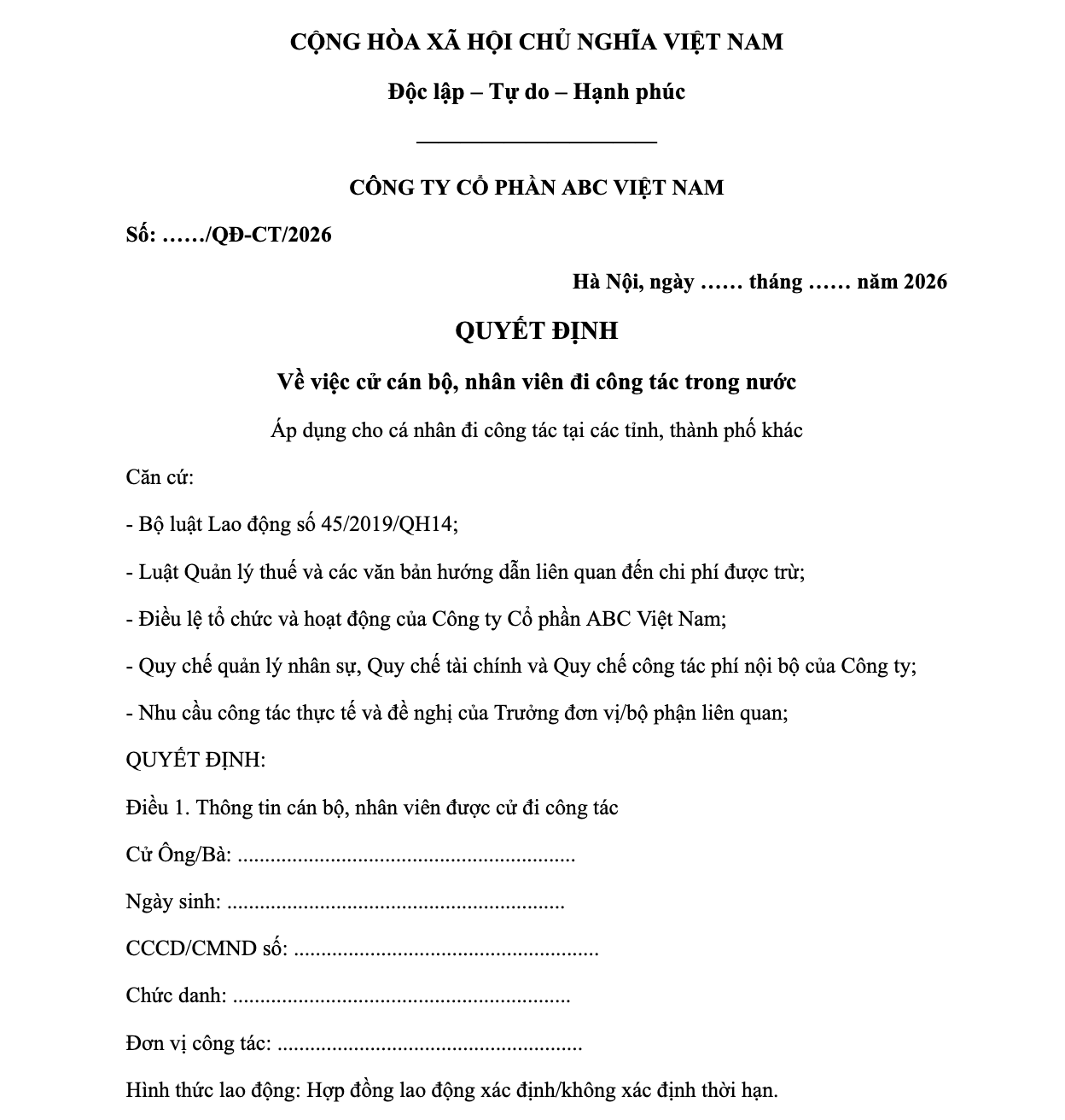 Mẫu Quyết Định Cử Đi Công Tác Trong Nước