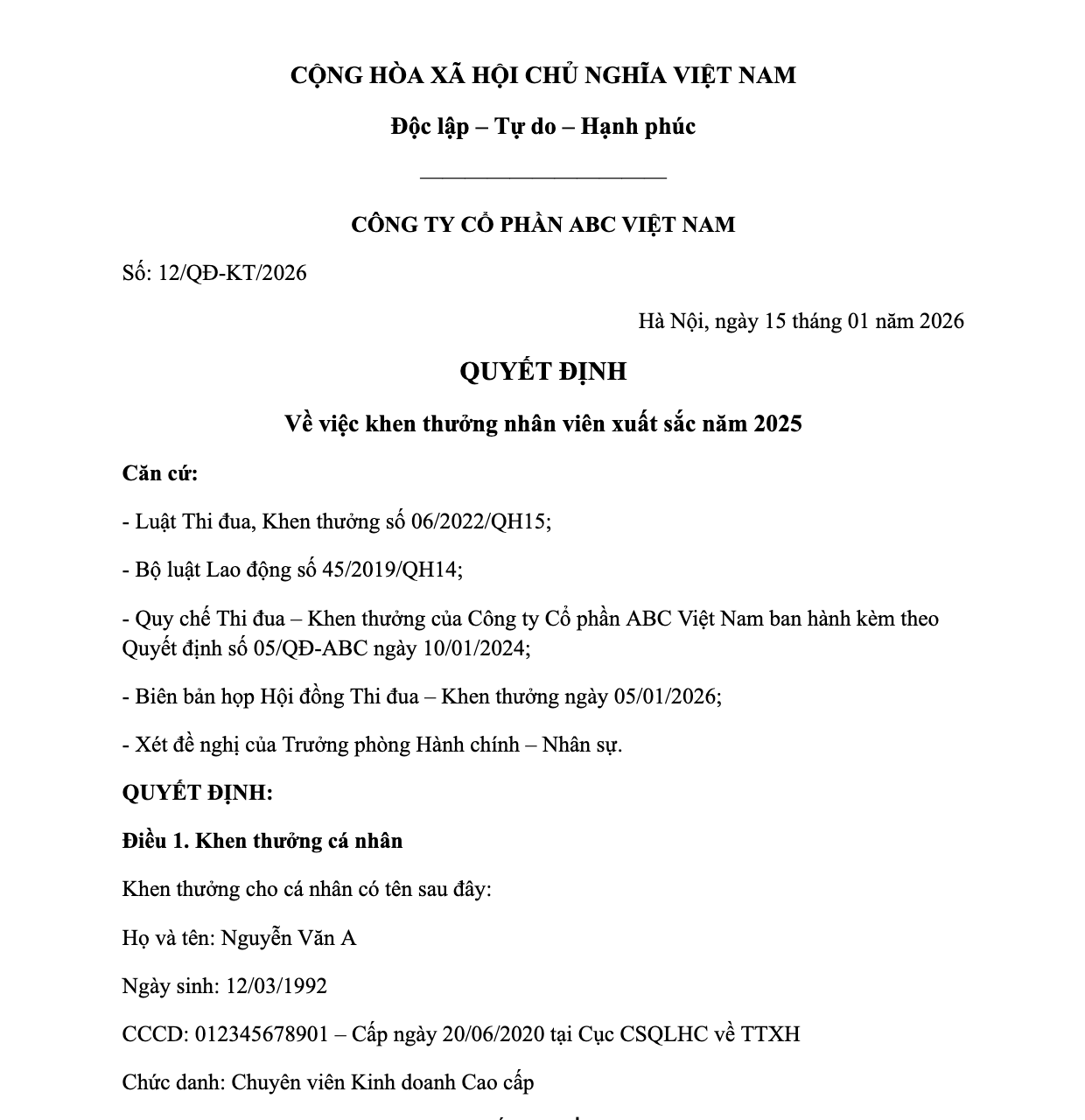 Mẫu Quyết Định Khen Thưởng Cá Nhân