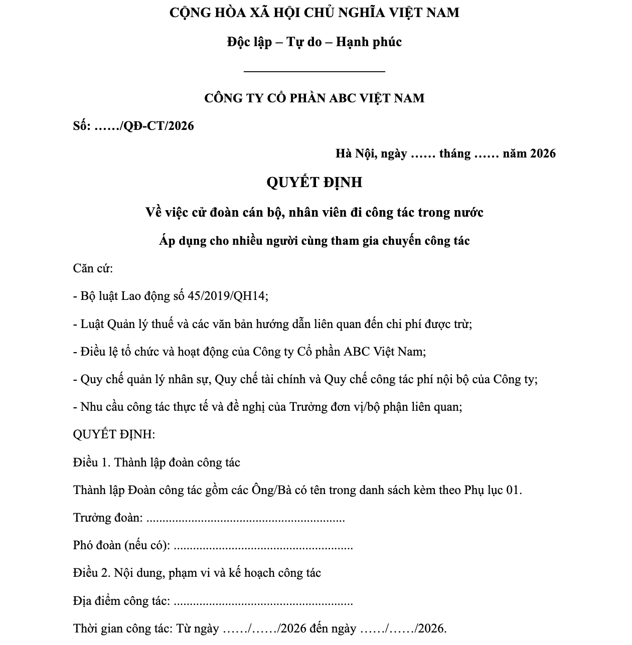 Mẫu Quyết Định Cử Đoàn Cán Bộ, Nhân Viên Đi Công Tác (Nhiều Người)