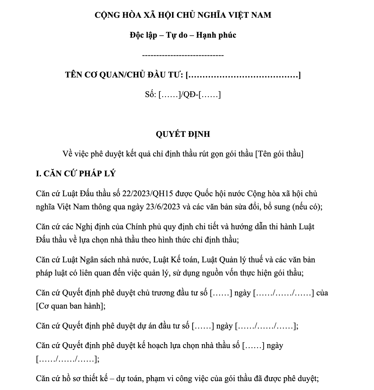 Mẫu Quyết định phê duyệt kết quả chỉ định thầu rút gọn