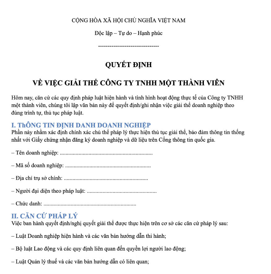 Mẫu quyết định giải thể Công ty TNHH Một Thành Viên