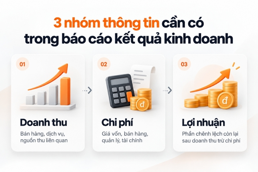 Infographic sơ đồ 3 nhóm thông tin cần có trong báo cáo kết quả kinh doanh từ 1Office