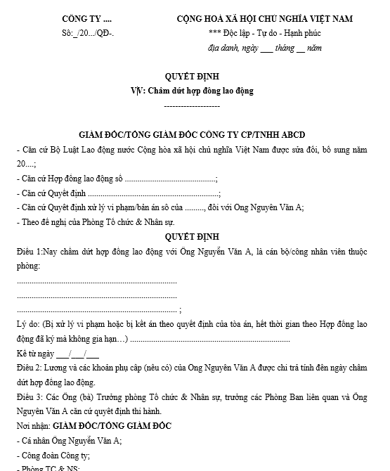 Hướng Dẫn Soạn Thảo Mẫu Quyết Định Chấm Dứt Hợp Đồng Lao Động