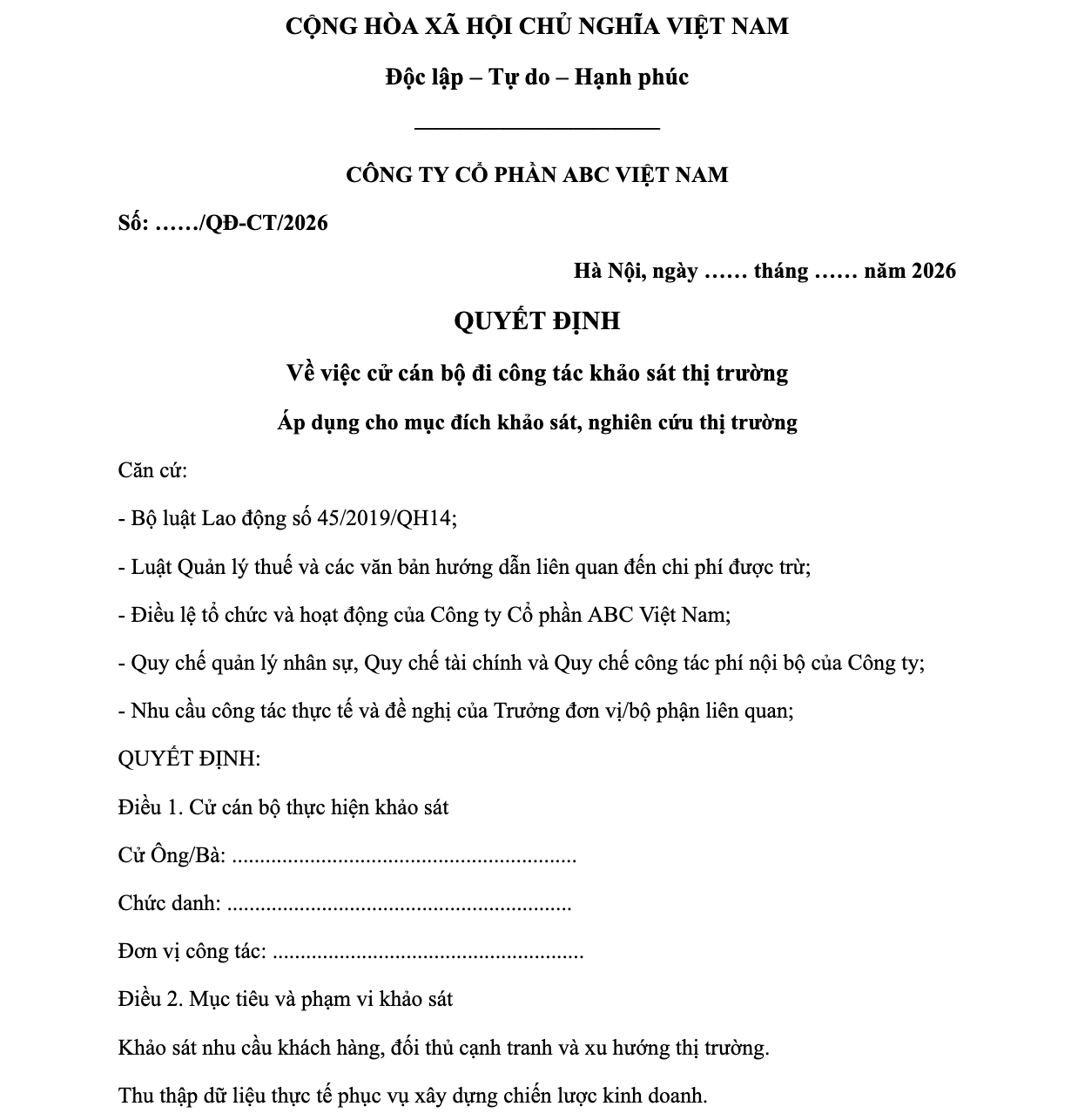 Mẫu Quyết Định Cử Đi Công Tác Với Mục Đích Cụ Thể