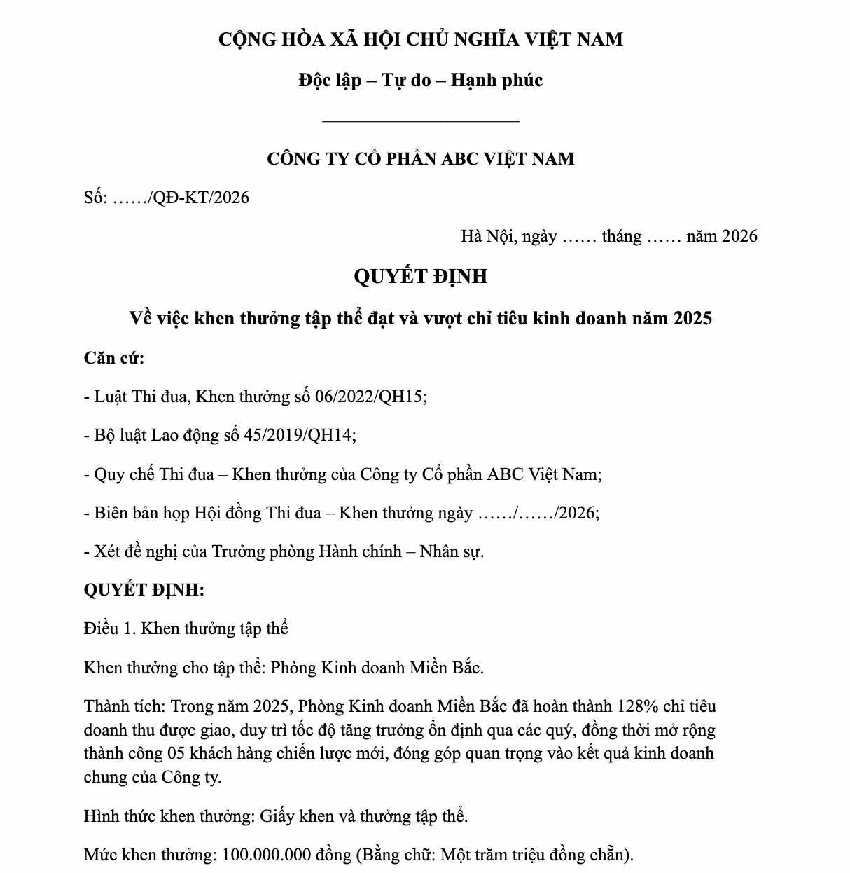 Mẫu Quyết Định Khen Thưởng Tập Thể / Phòng Ban