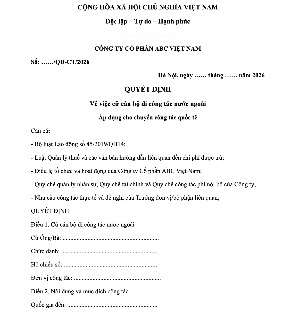 Mẫu Quyết Định Cử Đi Công Tác Nước Ngoài