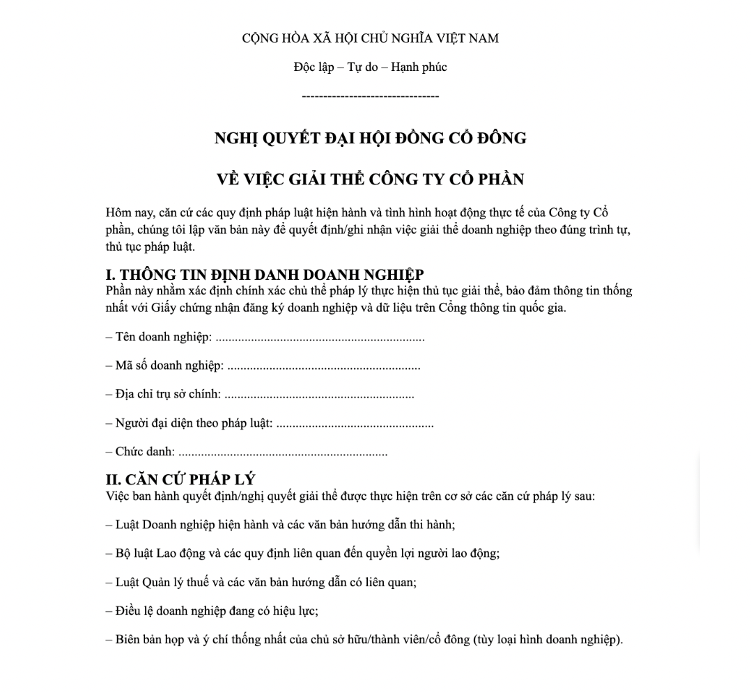 Mẫu nghị quyết giải thể Công ty Cổ phần