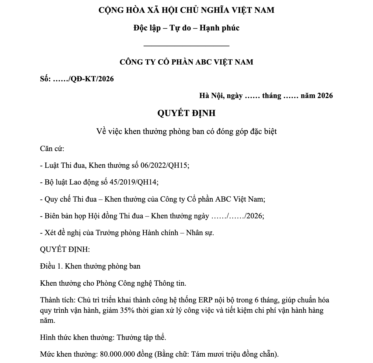 Khen thường phòng ban có đóng góp đặc biệt