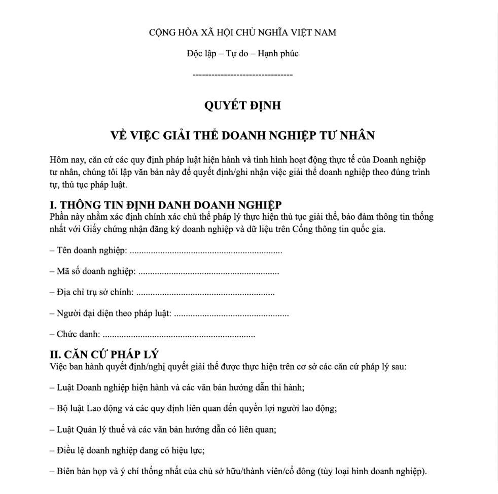 Mẫu quyết định giải thể Doanh nghiệp tư nhân