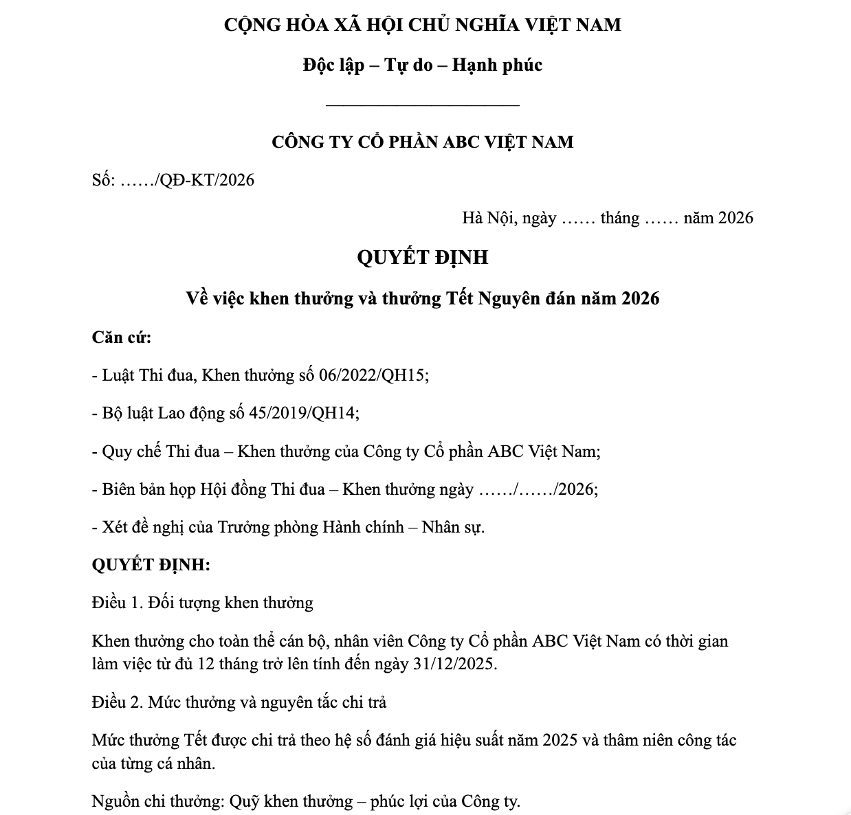 Mẫu Quyết Định Khen Thưởng Tết / Cuối Năm