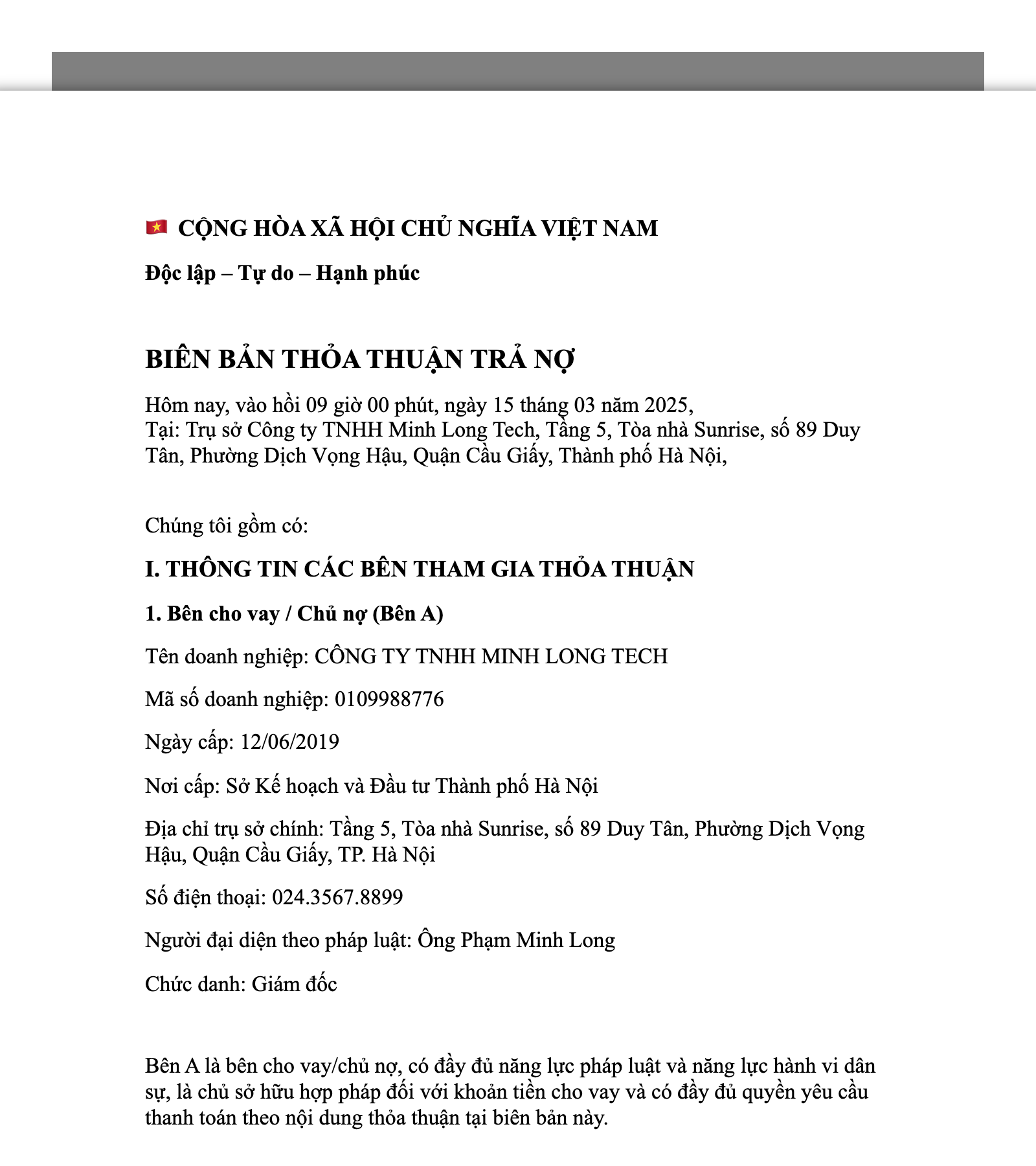 Mẫu Biên Bản Thỏa Thuận Trả Nợ