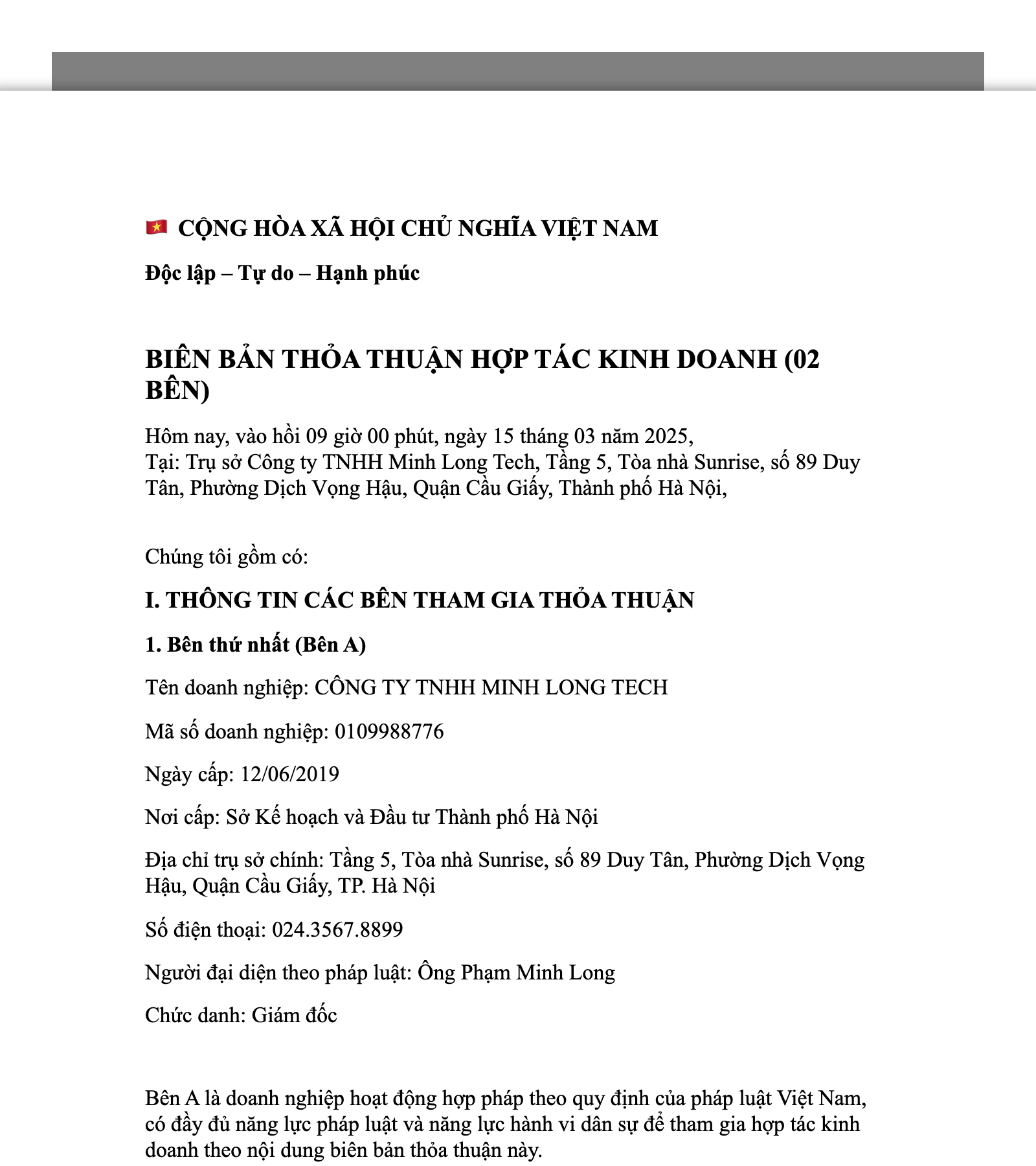 Mẫu Biên Bản Thỏa Thuận Hợp Tác Kinh Doanh (2 Bên)