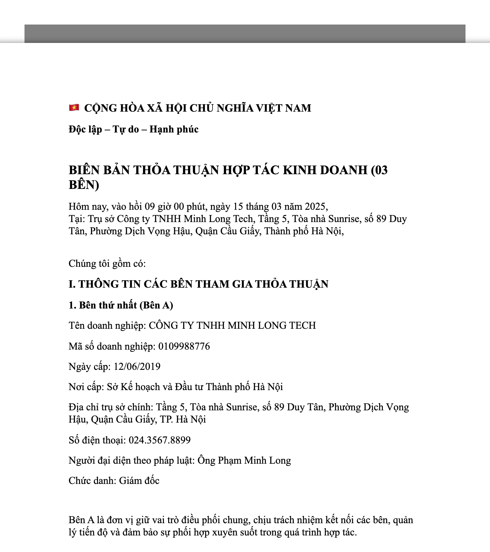 Mẫu Biên Bản Thỏa Thuận Hợp Tác 3 Bên (hoặc nhiều bên)