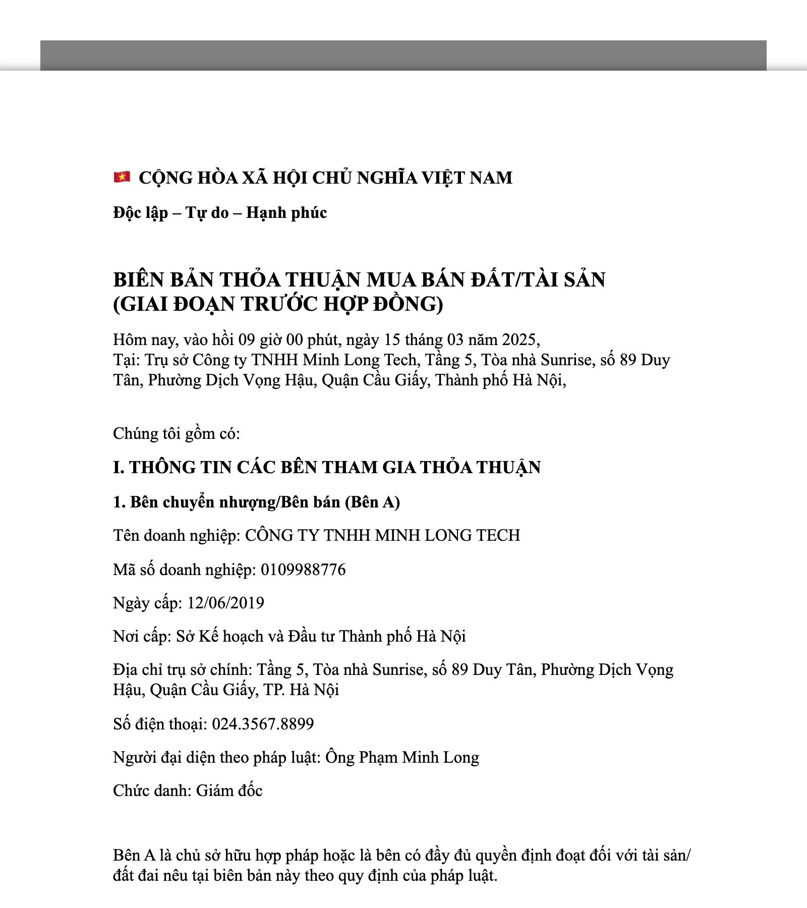 Mẫu Biên Bản Thỏa Thuận Mua Bán Đất/Tài Sản (Giai đoạn trước hợp đồng)