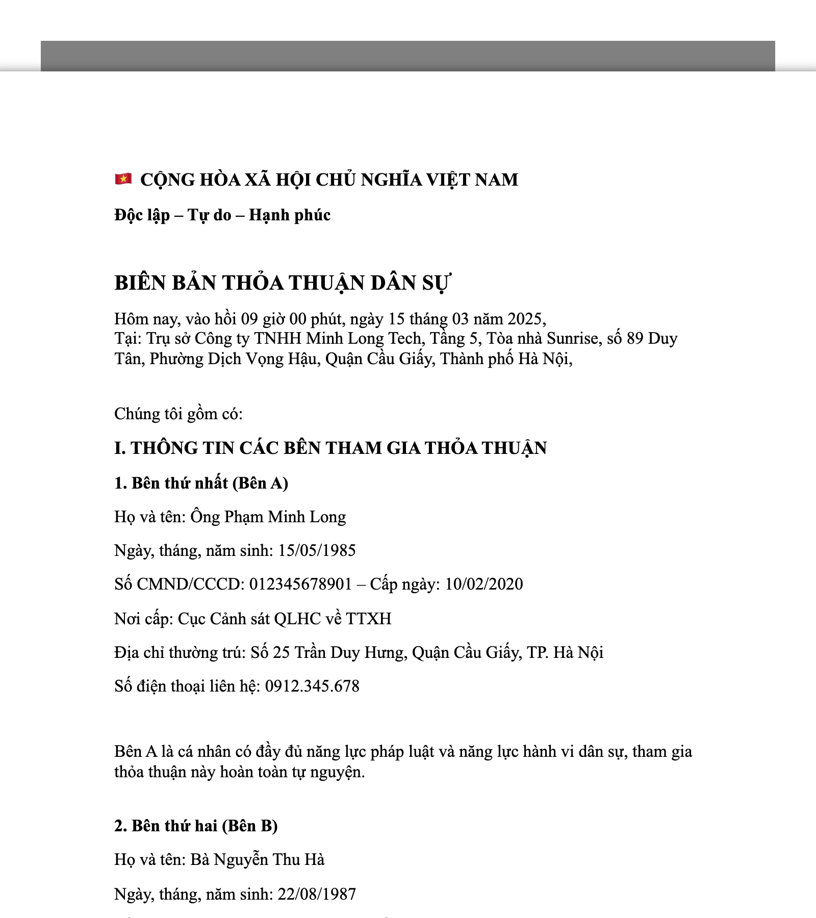 Mẫu Biên Bản Thỏa Thuận Dân Sự Khác