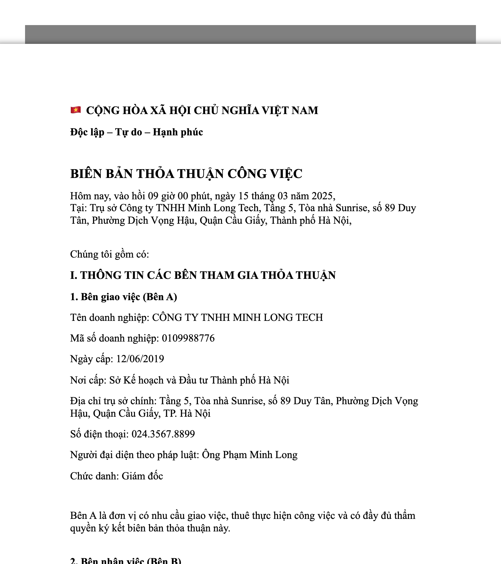 Mẫu Biên Bản Thỏa Thuận Công Việc