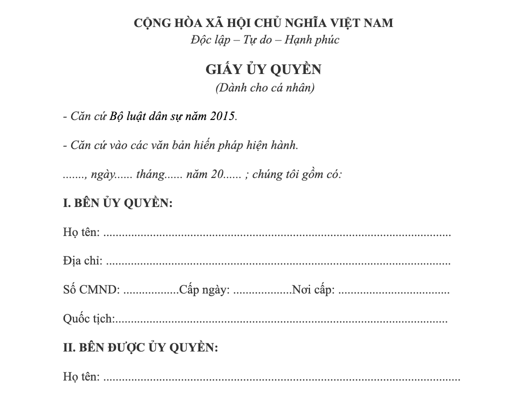 Mẫu giấy ủy quyền có xác nhận của địa phương