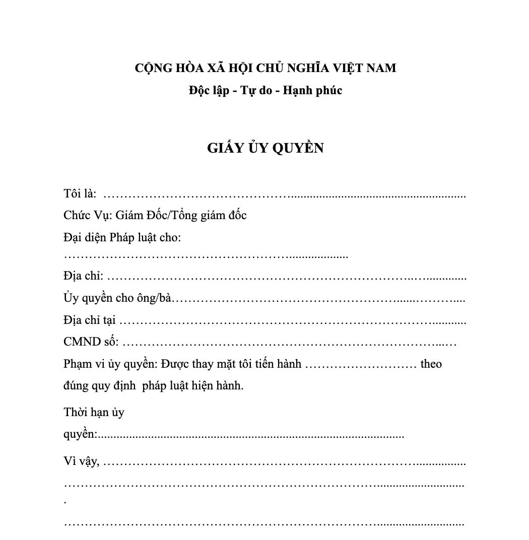 Mẫu giấy ủy quyền công ty cho cá nhân