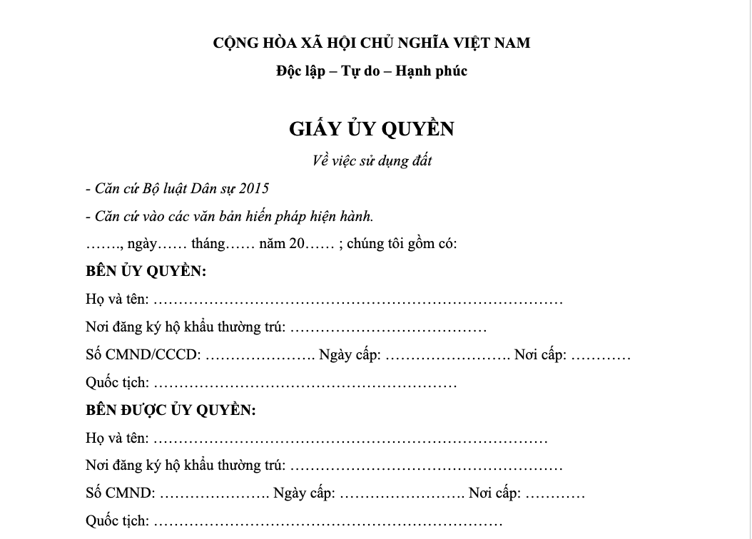 Mẫu giấy ủy quyền đất đai
