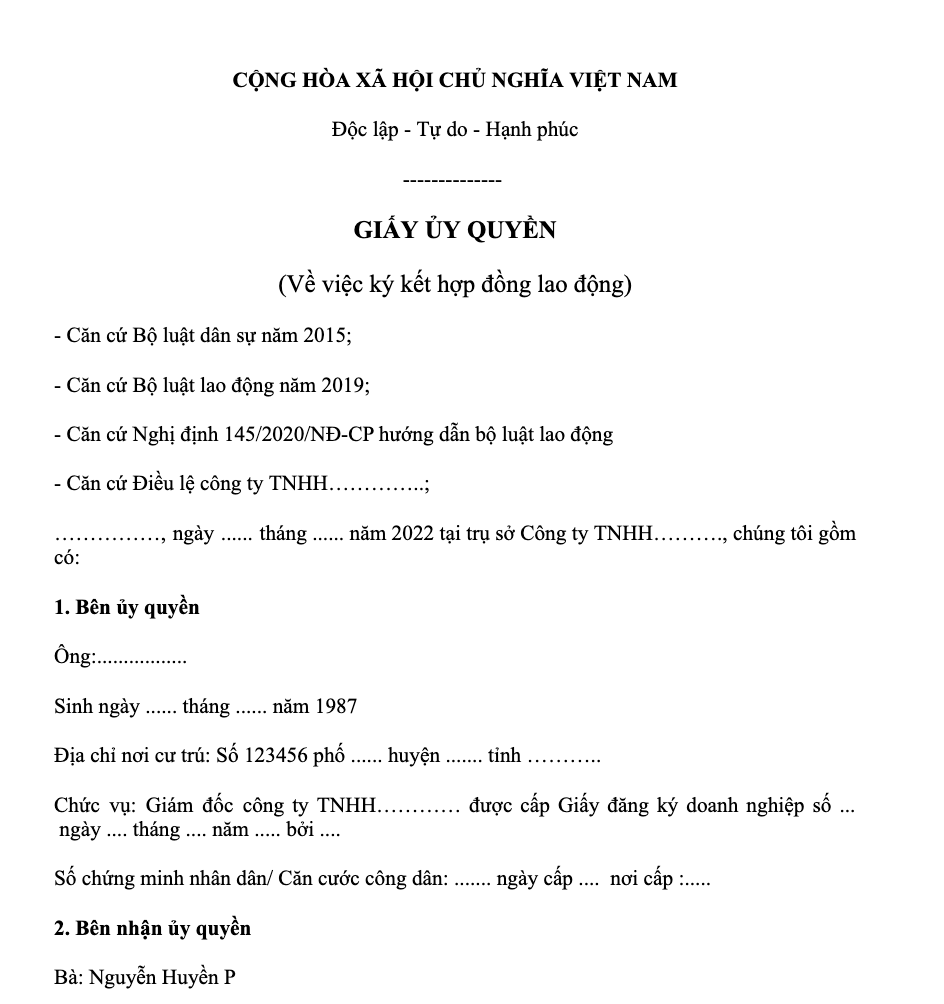 Mẫu giấy ủy quyền ký kết hợp đồng