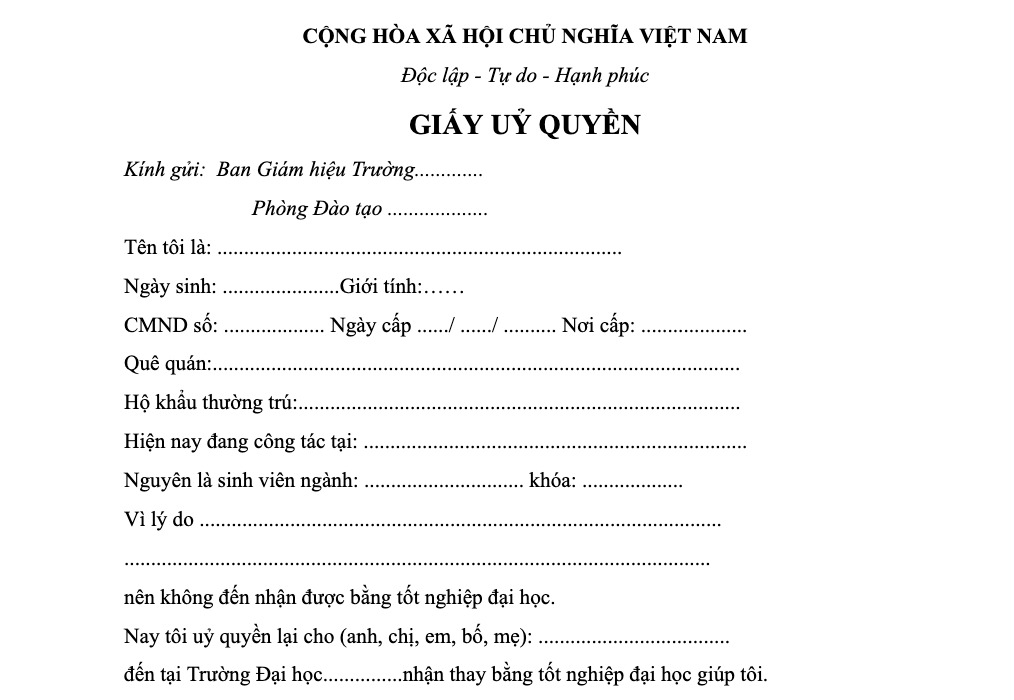 Mẫu giấy ủy quyền nhận bằng tốt nghiệp