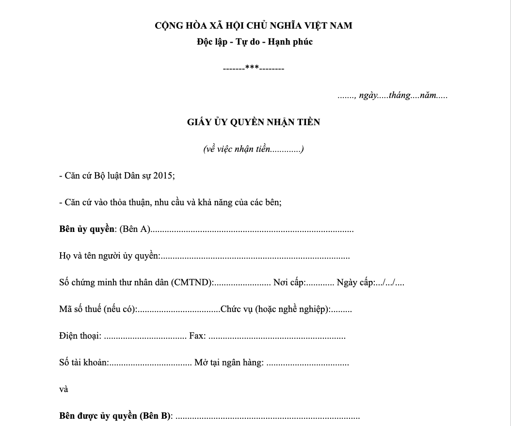 Mẫu giấy ủy quyền nhận tiền