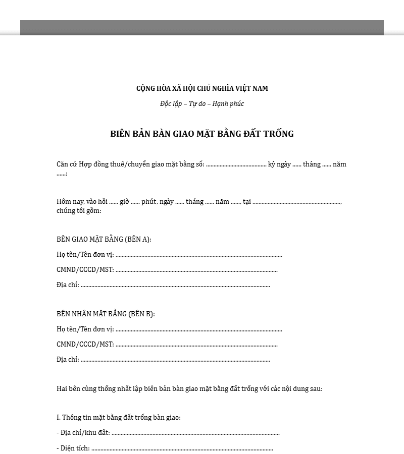 Mẫu biên bản bàn giao mặt bằng đất trống