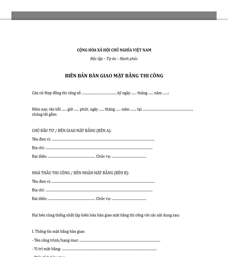 Mẫu biên bản bàn giao mặt bằng thi công