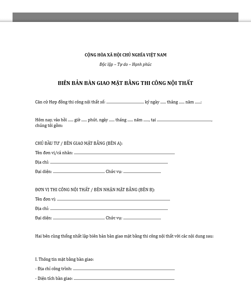 Mẫu biên bản bàn giao mặt bằng thi công nội thất