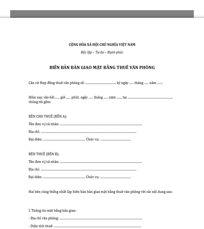 Mẫu biên bản bàn giao mặt bằng cho thuê văn phòng