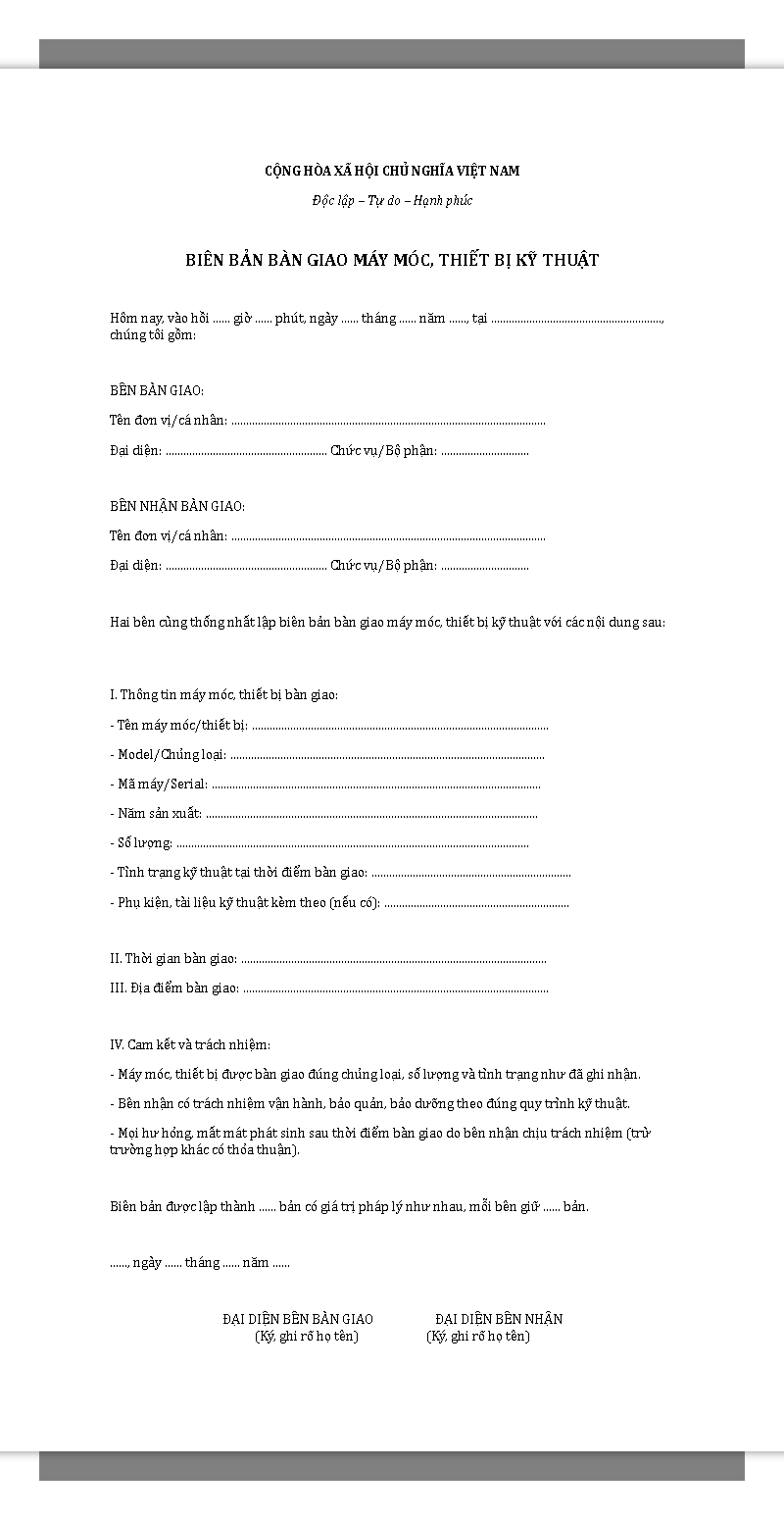 Mẫu biên bản bàn giao máy móc thiết bị kỹ thuật