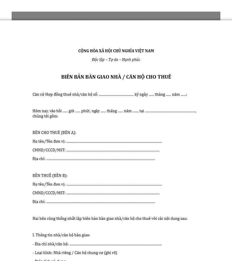 Mẫu biên bản bàn giao nhà, căn hộ cho thuê