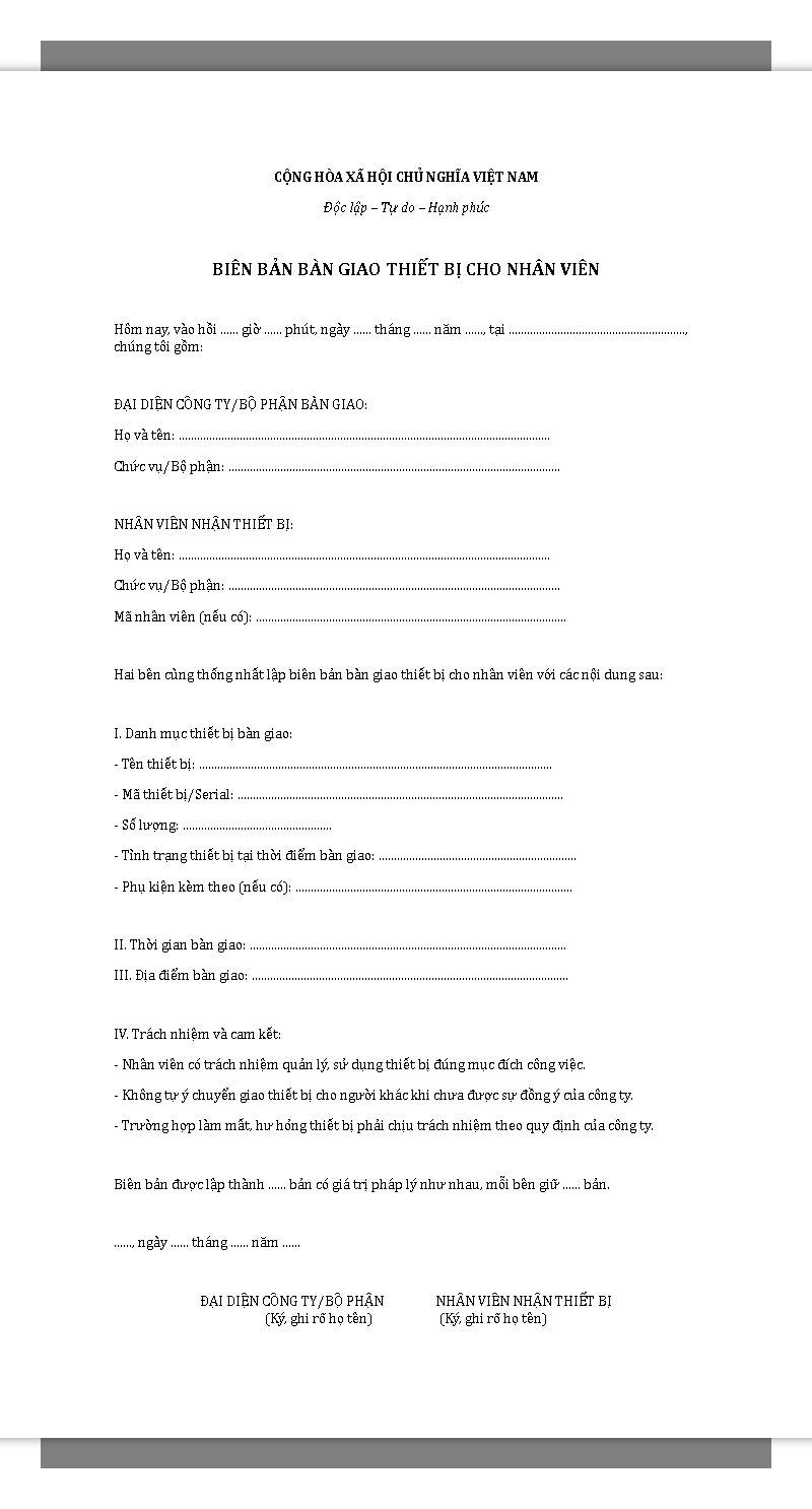 Mẫu biên bản bàn giao thiết bị cho nhân viên