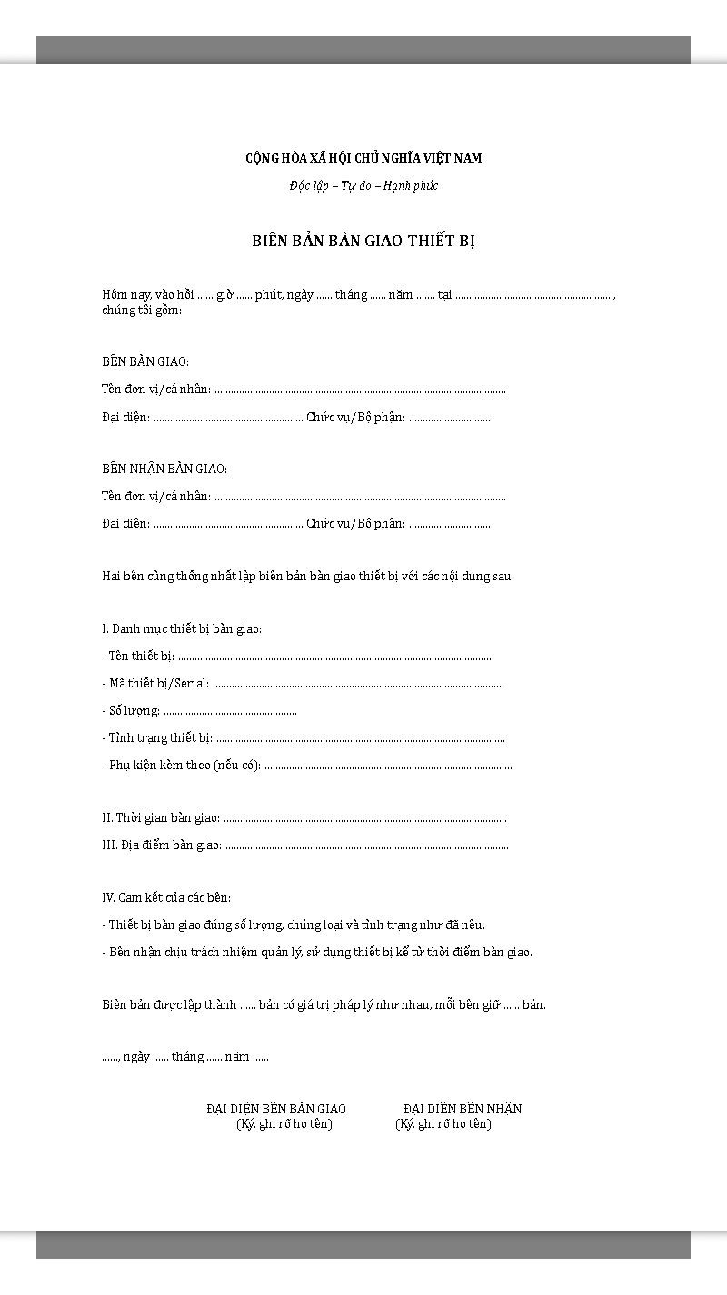 Mẫu biên bản bàn giao thiết bị chung