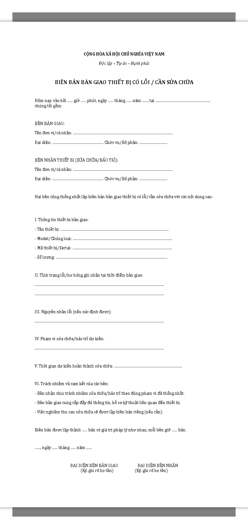 Mẫu biên bản bàn giao thiết bị có lỗi, cần sửa chữa